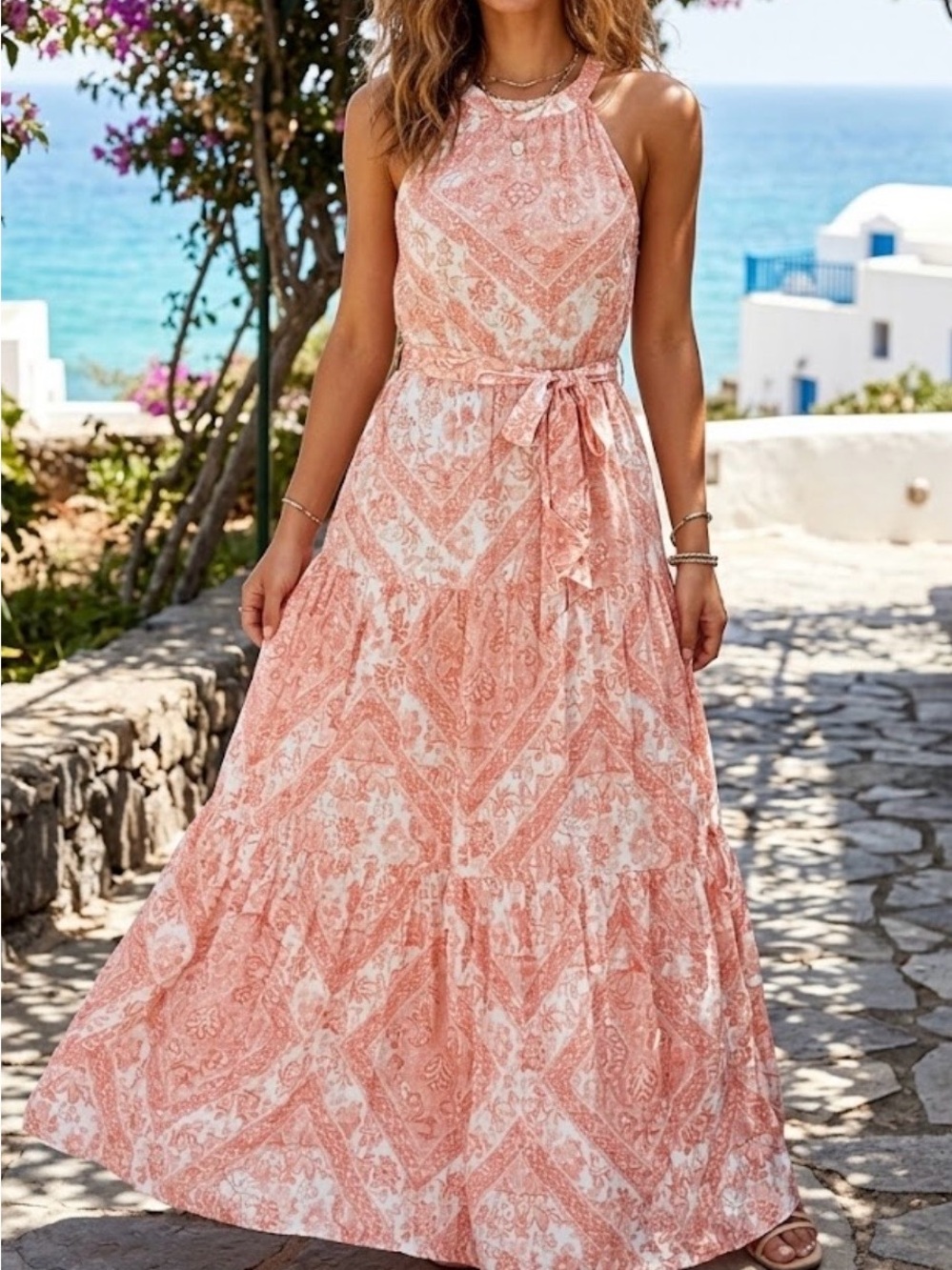 Petal & Pup Coral Pink Floral Halter Maxi Dress Sz 2